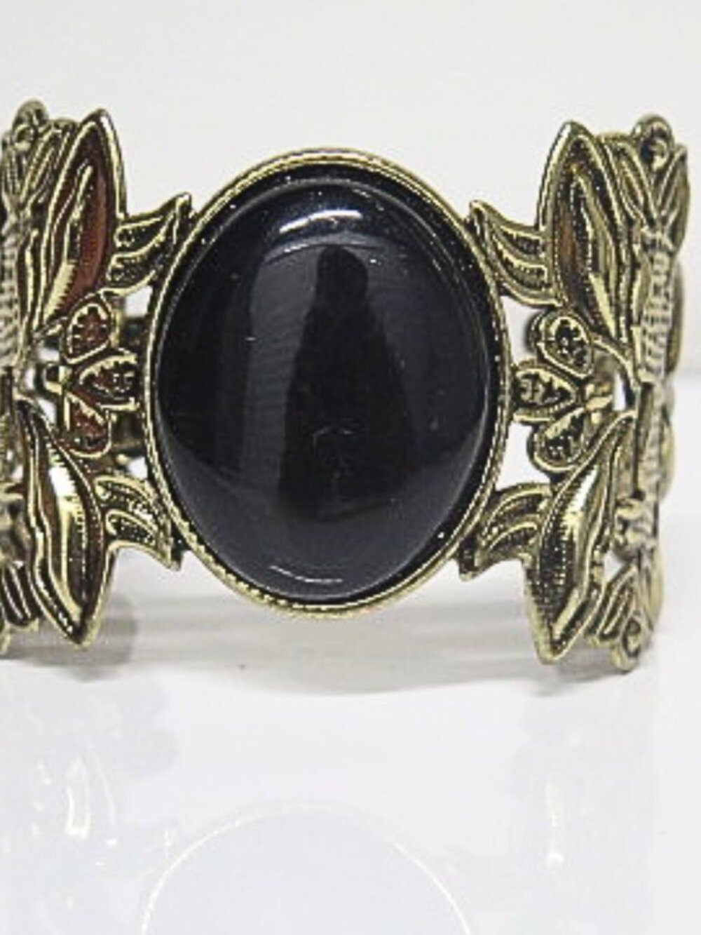Vintage Gold Tone Black Cabochon Wide Floral Cuff Statement Bracelet